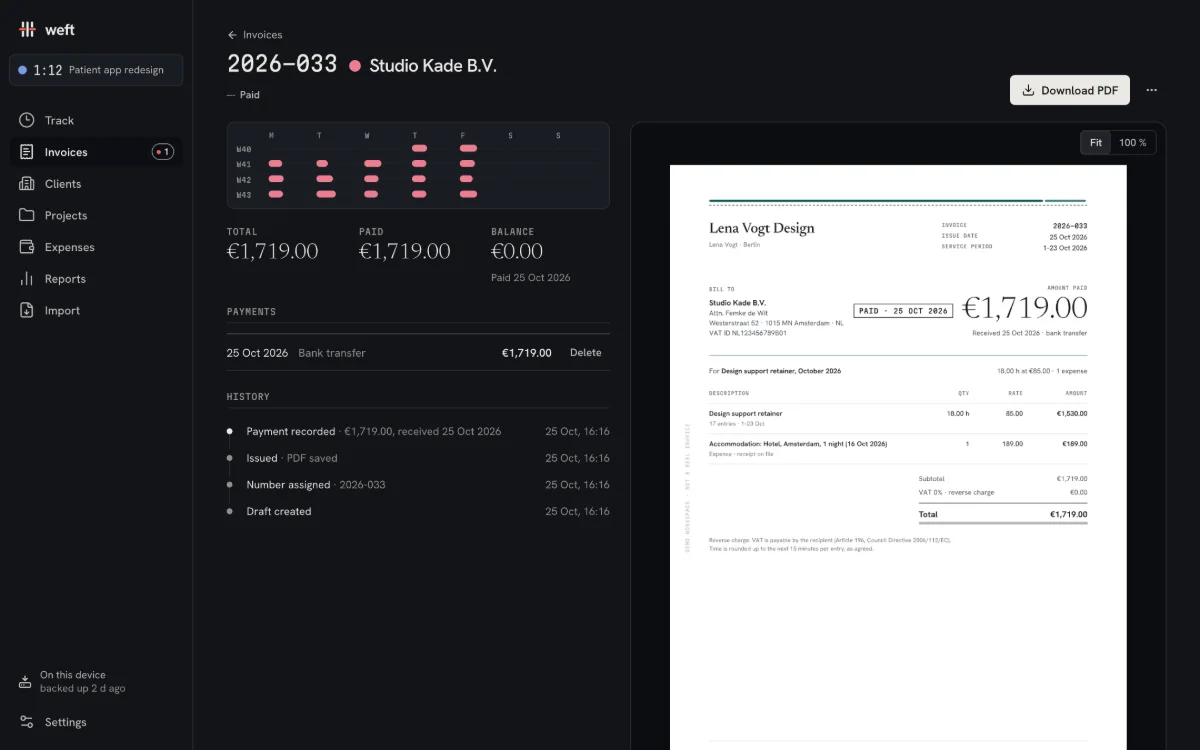 A paid invoice: a hairline “Paid · 25 Oct 2026” mark beside the amount, the payment history, and the balance at €0.00.