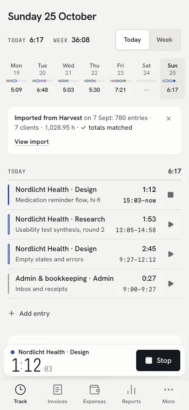 Weft on a phone: today’s entries and the running timer within thumb reach.